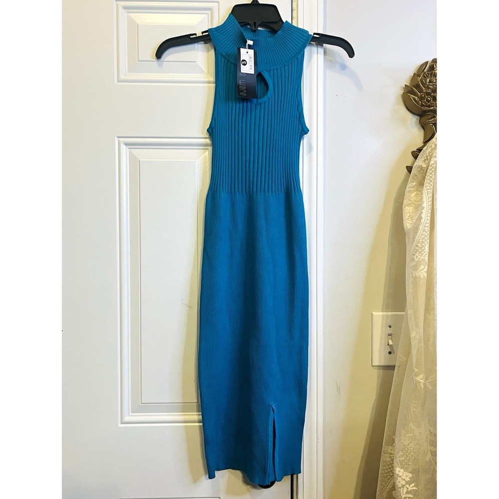 NWT Midi Sweater Dress Teal Blue Mock Neck Keyhole Ribbed Knit Size L Tom's Wear